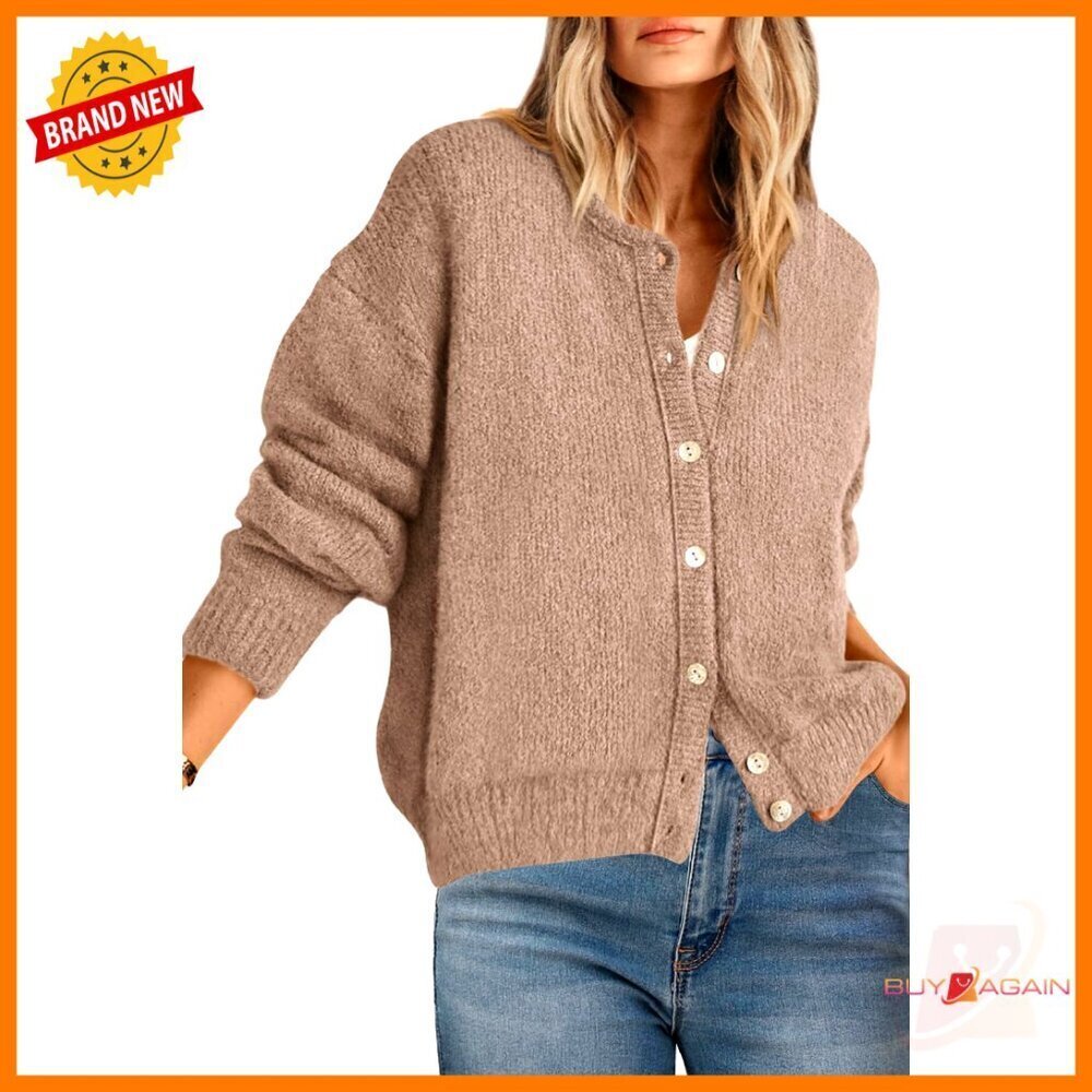 Long Sleeve Chunky Cardigan Open Front Crewneck Lightweight Knit Sweater